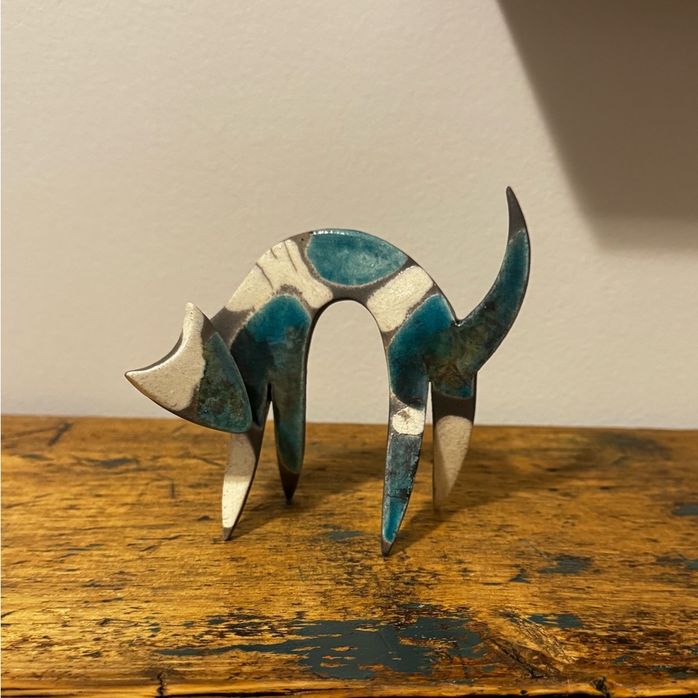 Raku Pottery Cat Sculpture in Teal and Cream